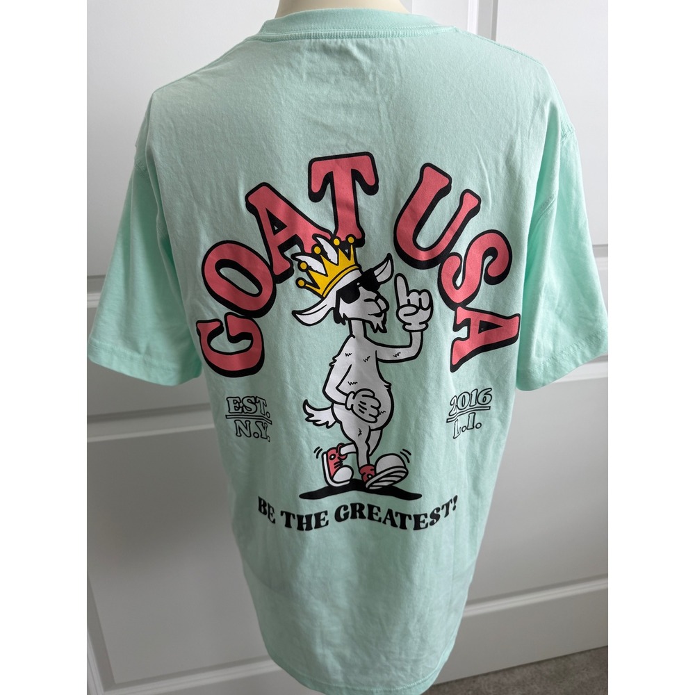 GOAT USA Mens Small Mint Green Graphic T-Shirt Chuck The Goat Be The Greatest